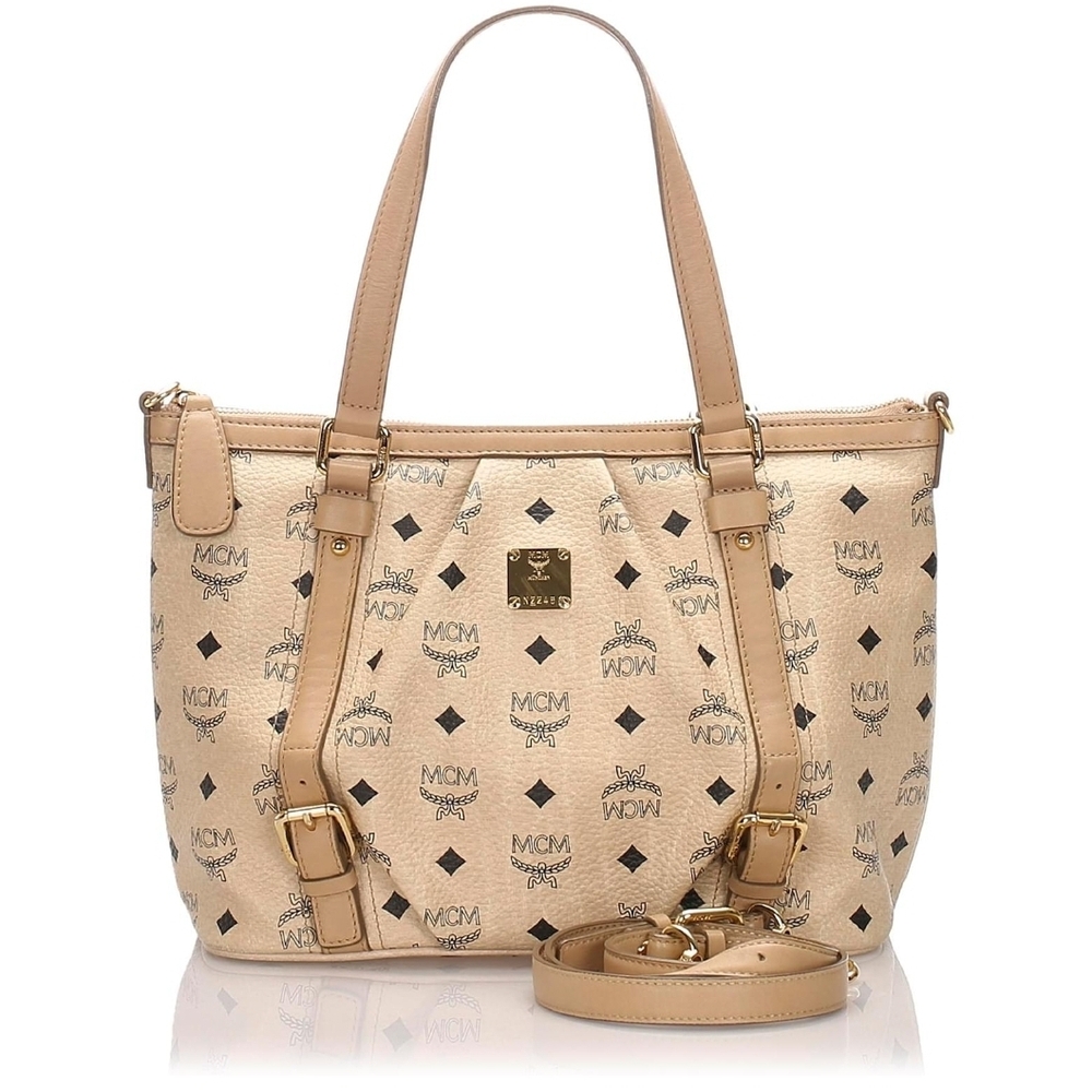 MCM Beige Monogram Visetos Leather Shoulder Bag